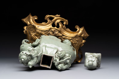 * A gilt-bronze-mounted celadon-glazed group of three figures riding an elephant, probably Samson, Paris, 19th C.