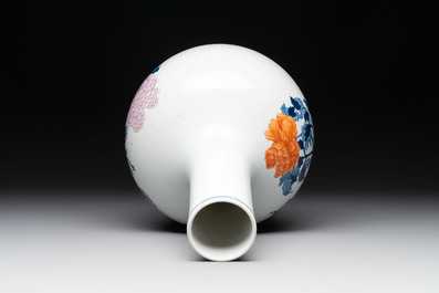 A Chinese blue, white and famille rose 'Peonies' vase, Qianlong mark, 20th C.