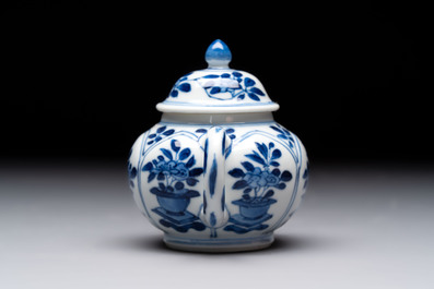 Three Chinese blue and white teapots, a cup and a saucer, Kangxi