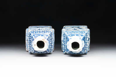 A pair of Chinese blue and white triple-gourd square vases, Kangxi