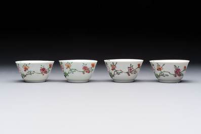 Seven Chinese famille rose cups and eleven saucers with floral design, Qianlong