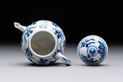 Three Chinese blue and white teapots, a cup and a saucer, Kangxi