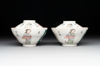 A pair of Chinese famille rose 'Wu Shuang Pu' covered bowls and saucers, Tongzhi mark, 19/20th C.