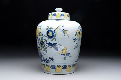 A blue, white and yellow Dutch Delft 'qilin' vase, 17th C.