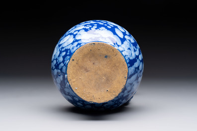 A rare Nevers pewter-mounted white-splashed blue-ground '&agrave; la bougie' ewer with rope twist handle, France, late 17th C.