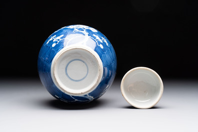 Eight Chinese blue and white 'prunus on cracked ice' wares, 19th C.