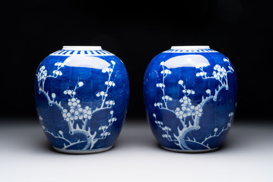 Eight Chinese blue and white 'prunus on cracked ice' wares, 19th C.