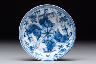 Three Chinese blue and white teapots, a cup and a saucer, Kangxi