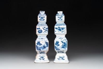 A pair of Chinese blue and white triple-gourd square vases, Kangxi