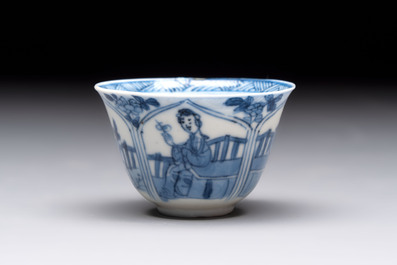 Three Chinese blue and white teapots, a cup and a saucer, Kangxi