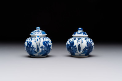 Three Chinese blue and white teapots, a cup and a saucer, Kangxi