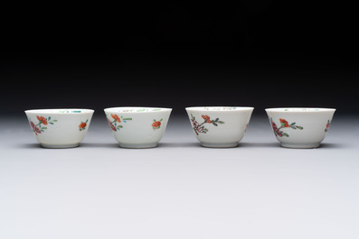 Seven Chinese famille rose cups and eleven saucers with floral design, Qianlong
