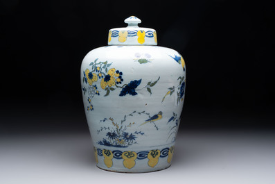 A blue, white and yellow Dutch Delft 'qilin' vase, 17th C.