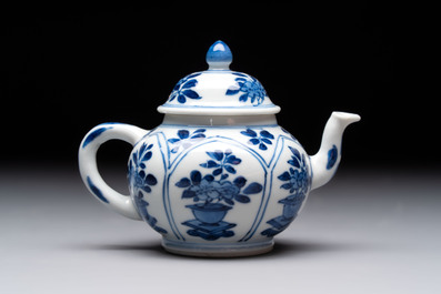 Three Chinese blue and white teapots, a cup and a saucer, Kangxi