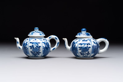 Three Chinese blue and white teapots, a cup and a saucer, Kangxi