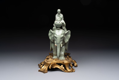 * A gilt-bronze-mounted celadon-glazed group of three figures riding an elephant, probably Samson, Paris, 19th C.