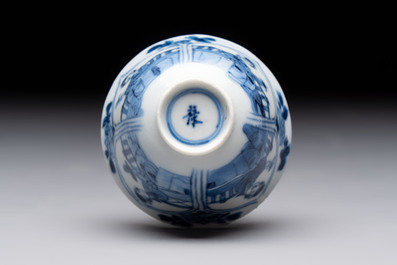 Three Chinese blue and white teapots, a cup and a saucer, Kangxi