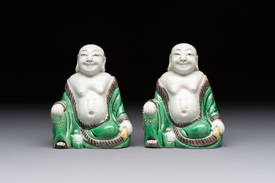 A pair of Chinese verte biscuit Milefo Buddhas, 19th C.