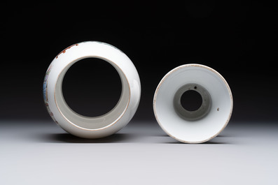 A Chinese famille rose 'Jing Zhao Hua Mei 京兆畫眉' eggshell lantern on stand, dated 1979