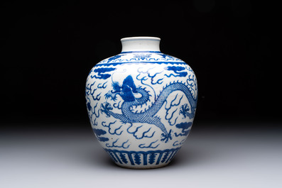 A Chinese blue and white 'dragon' vase, Kangxi mark, 19th C.