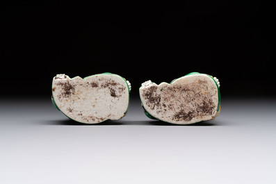 A pair of Chinese verte biscuit Milefo Buddhas, 19th C.
