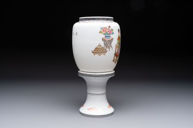 A Chinese famille rose 'Jing Zhao Hua Mei 京兆畫眉' eggshell lantern on stand, dated 1979