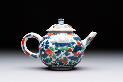 Three Chinese famille verte and Imari-style teapots, Kangxi