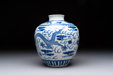 A Chinese blue and white 'dragon' vase, Kangxi mark, 19th C.