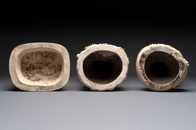 Three large Chinese Dehua blanc de Chine figures of Guanyin, He Chaozong 何朝宗 marks, 20th C.