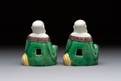 A pair of Chinese verte biscuit Milefo Buddhas, 19th C.