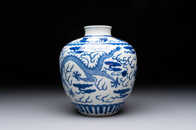 A Chinese blue and white 'dragon' vase, Kangxi mark, 19th C.