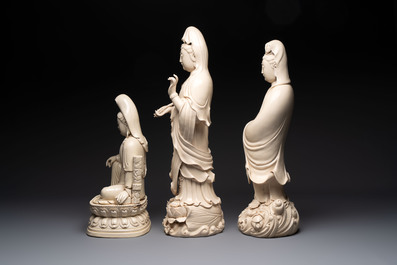 Three large Chinese Dehua blanc de Chine figures of Guanyin, He Chaozong 何朝宗 marks, 20th C.