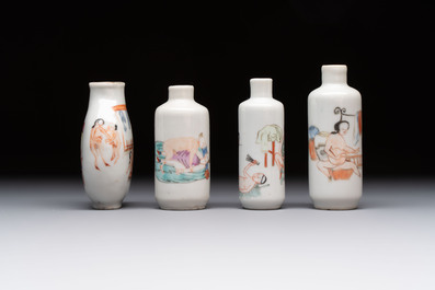 Four Chinese famille rose 'erotic' snuff bottles, Chenghua mark, 19th C.