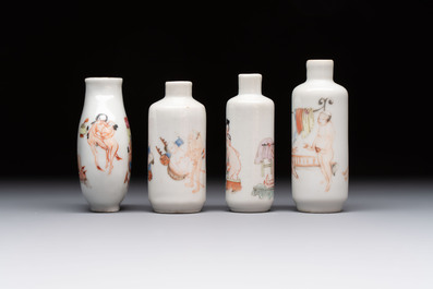 Four Chinese famille rose 'erotic' snuff bottles, Chenghua mark, 19th C.