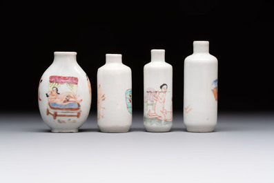 Four Chinese famille rose 'erotic' snuff bottles, Chenghua mark, 19th C.