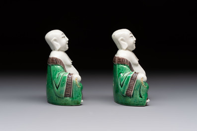 A pair of Chinese verte biscuit Milefo Buddhas, 19th C.