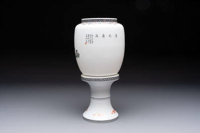 A Chinese famille rose 'Jing Zhao Hua Mei 京兆畫眉' eggshell lantern on stand, dated 1979