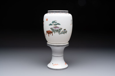 A Chinese famille rose 'Jing Zhao Hua Mei 京兆畫眉' eggshell lantern on stand, dated 1979