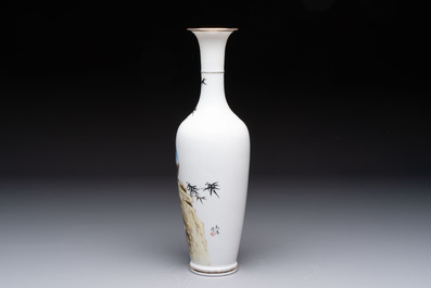 A Chinese polychrome 'peacock and bamboo' eggshell vase, signed Yuan Qing 元清, Jing De Zhen Zhi 景德鎮制 mark, 20th C.
