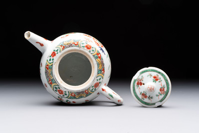 Three Chinese famille verte and Imari-style teapots, Kangxi