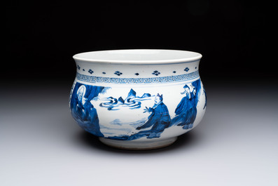 A Chinese blue and white 'Ba Xian Zhu Shou 八仙祝壽' censer, Kangxi