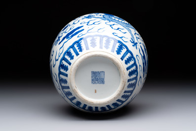 A Chinese blue and white 'dragon' vase, Kangxi mark, 19th C.