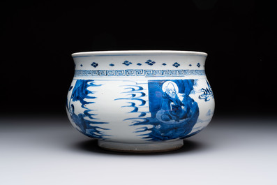 A Chinese blue and white 'Ba Xian Zhu Shou 八仙祝壽' censer, Kangxi