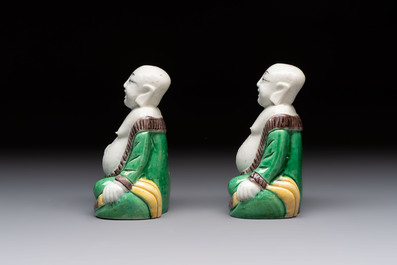 A pair of Chinese verte biscuit Milefo Buddhas, 19th C.