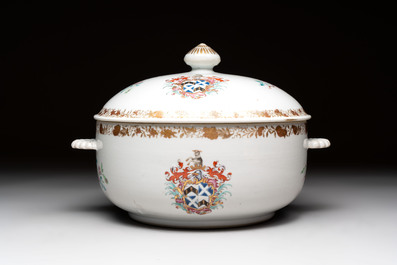 A Chinese famille rose armorial tureen and cover with the arms of Backwell quartering Tyringham for the English market, Qianlong, ca. 1740