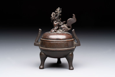 A Chinese archaistic miniature bronze 'qilin' tripod censer and cover, 'ding 鼎', Yuan/Ming