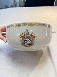 A Chinese famille rose armorial tureen and cover with the arms of Backwell quartering Tyringham for the English market, Qianlong, ca. 1740