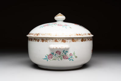 A Chinese famille rose armorial tureen and cover with the arms of Backwell quartering Tyringham for the English market, Qianlong, ca. 1740
