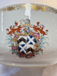 A Chinese famille rose armorial tureen and cover with the arms of Backwell quartering Tyringham for the English market, Qianlong, ca. 1740