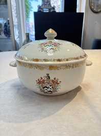 A Chinese famille rose armorial tureen and cover with the arms of Backwell quartering Tyringham for the English market, Qianlong, ca. 1740